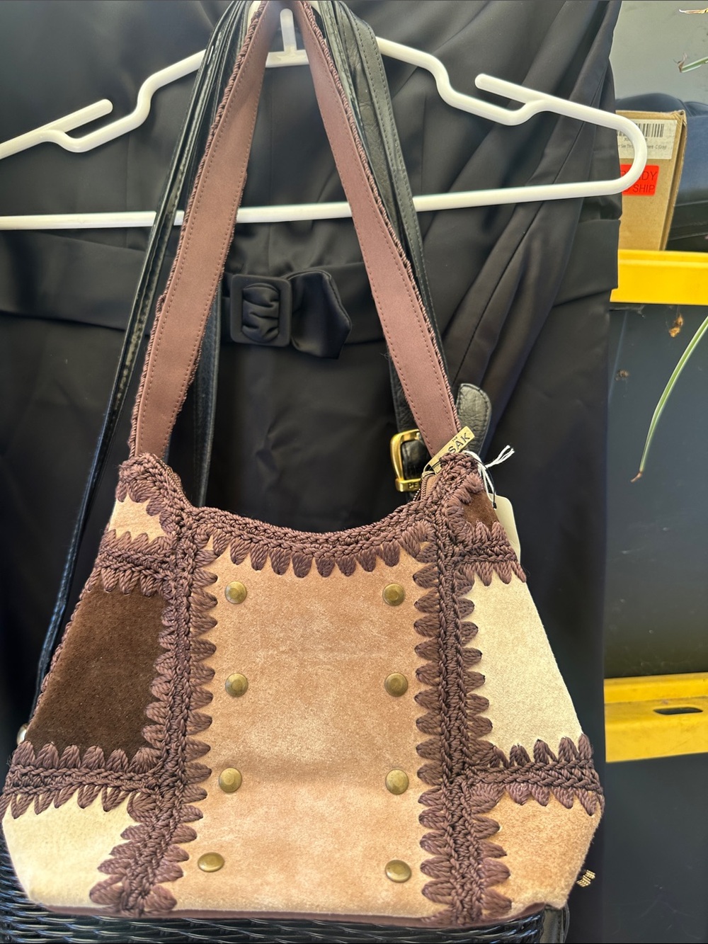 The Sak Brown Patchwork Suede Shoulder Bag with Crochet Trim